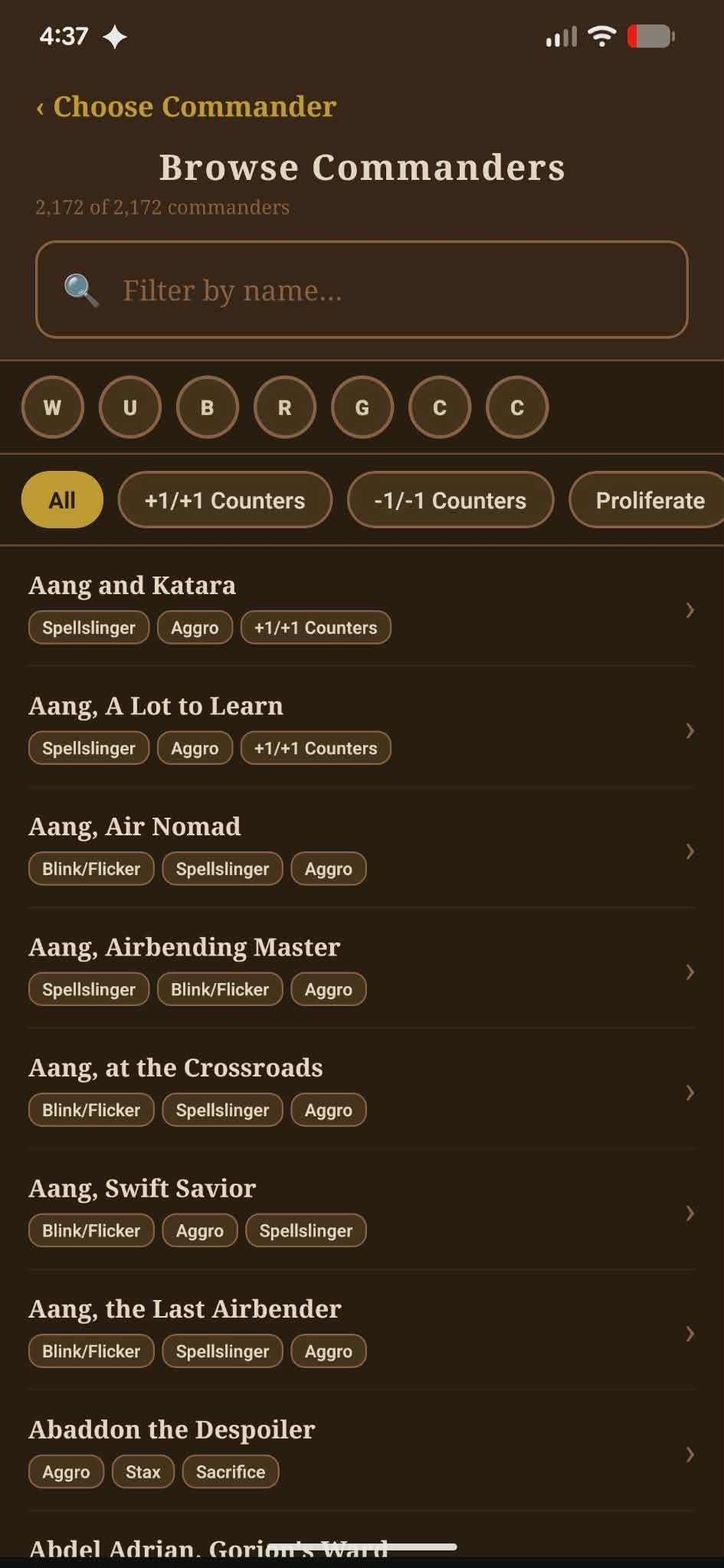 Commander Forge Browse Commanders screen showing 2,172 commanders filterable by color identity and theme