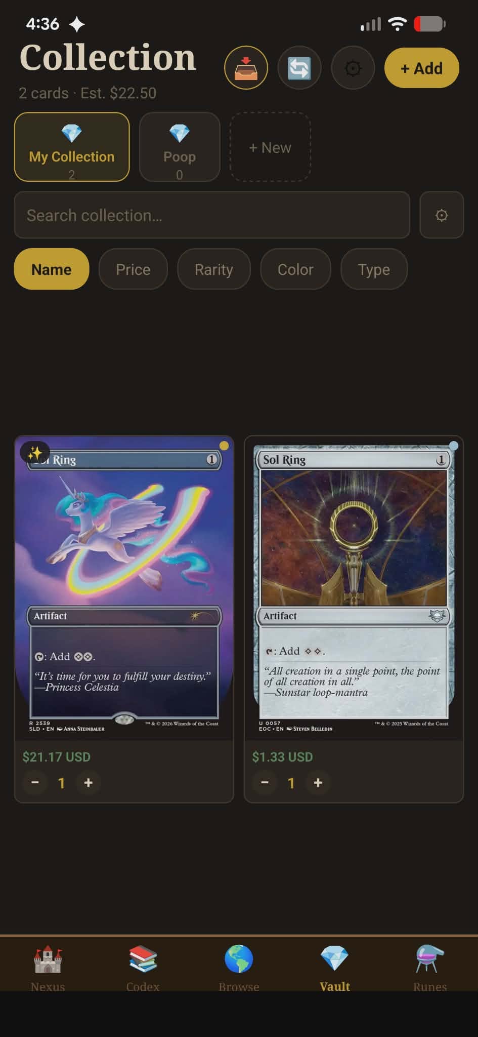 Commander Forge Collection tracker showing Sol Ring cards with USD prices and quantity controls