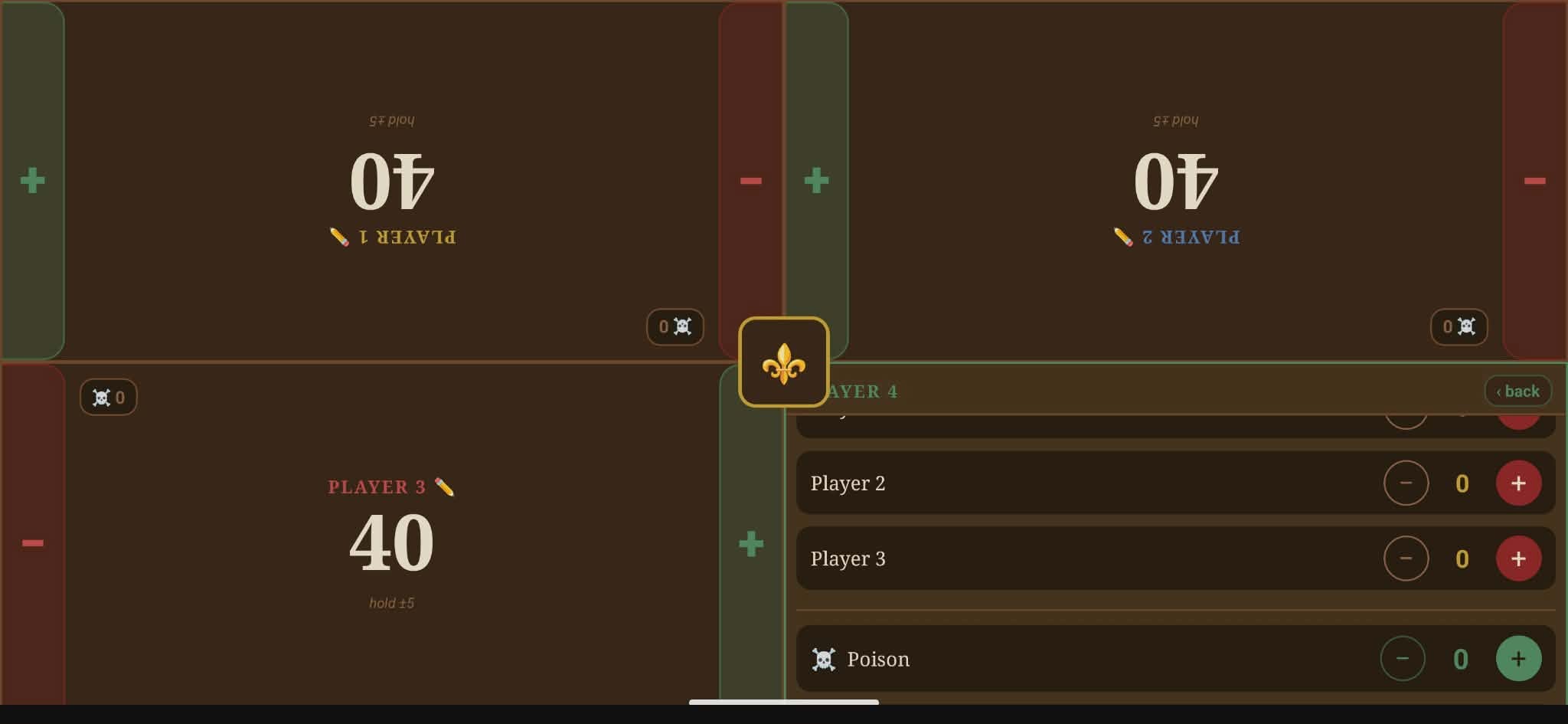 Commander Forge 4-player life counter in landscape mode showing all four players at 40 life