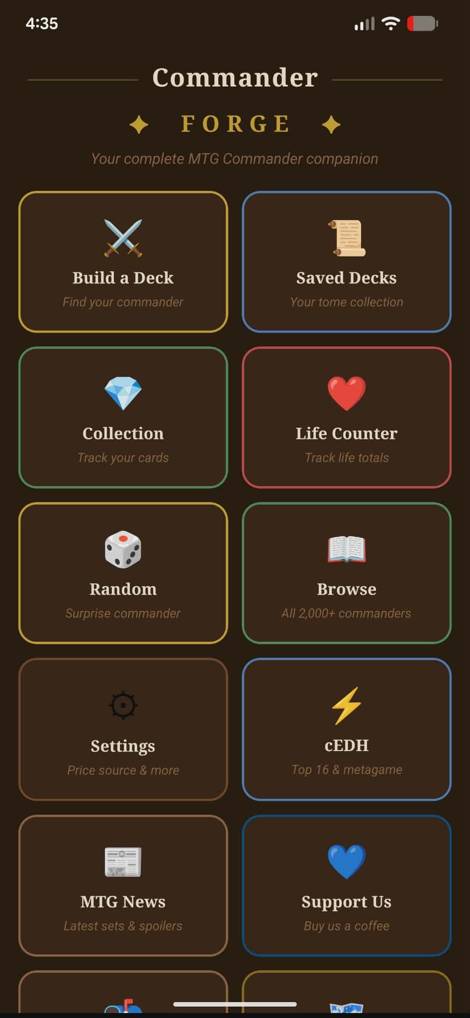 Commander Forge app home screen