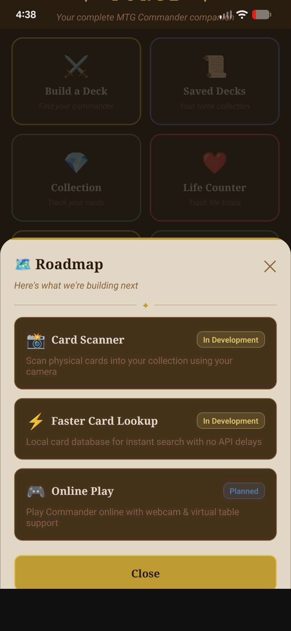 Commander Forge roadmap showing Card Scanner and Faster Card Lookup in development, and Online Play planned