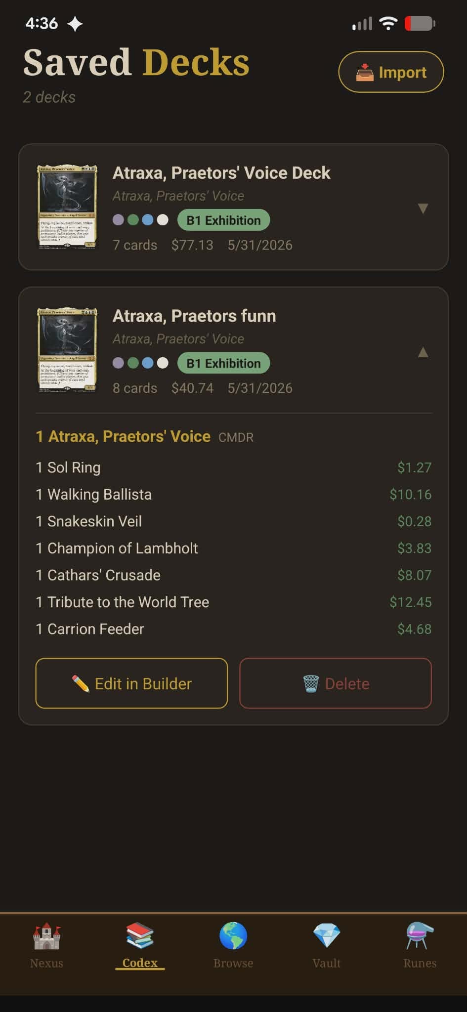 Commander Forge Saved Decks screen showing Atraxa deck lists with card counts and estimated prices